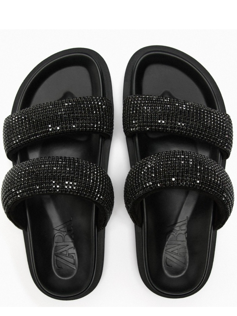 Zara Black Crystal Double-Strap Slide Sandals